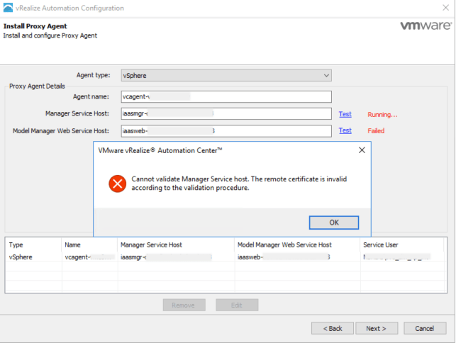 Cannot validate Manager Service Host - Proxy Agent error